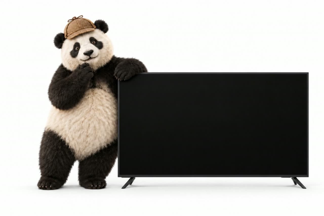 Sherlock, il panda investigatore di Buonanotte, accanto a una TV