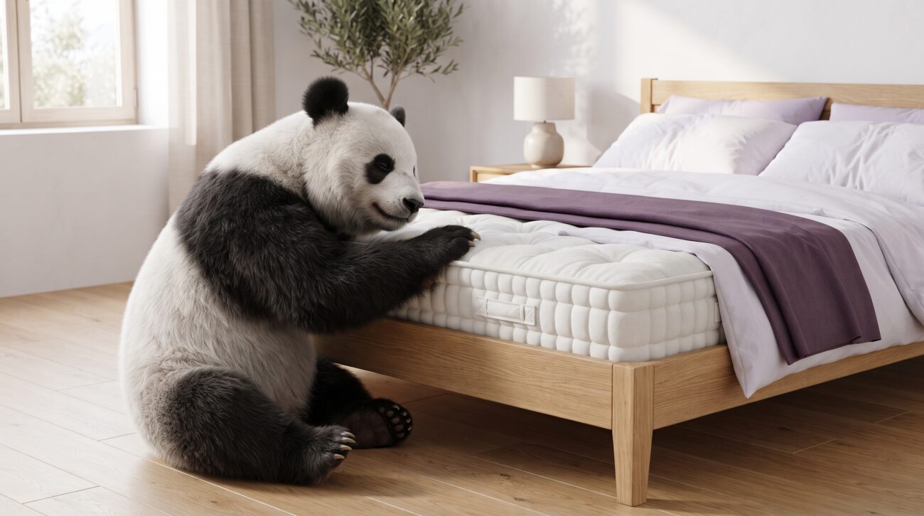 Un panda accarezza con delicatezza il materasso Buonanotte sul letto — Il Materasso del Panda