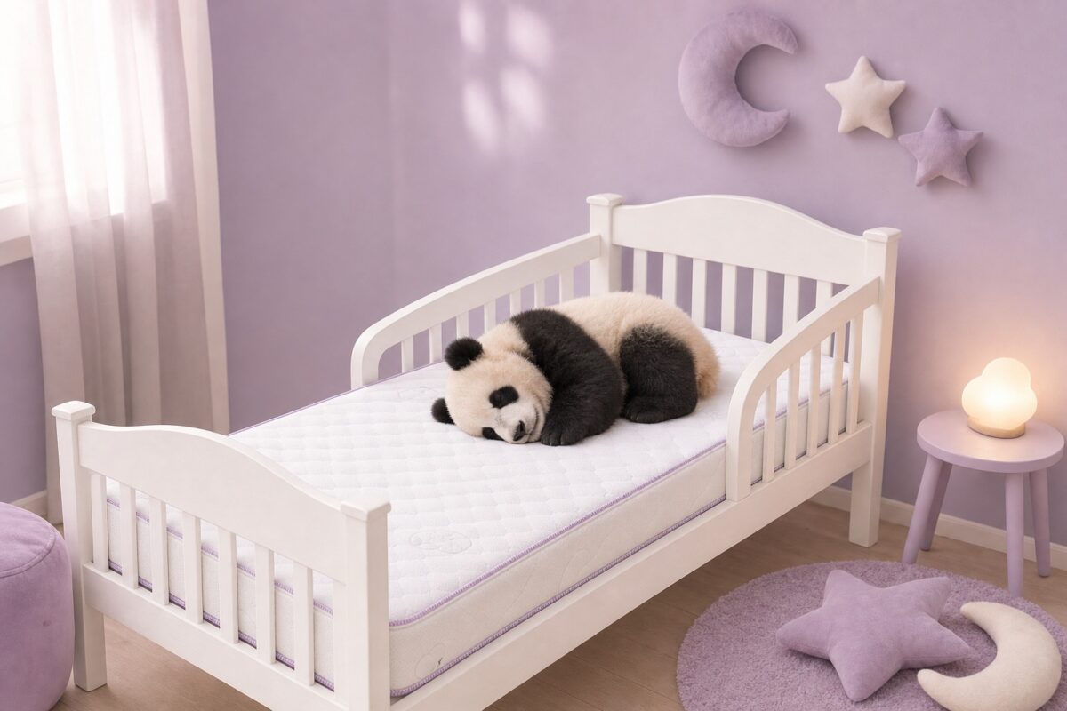 Un piccolo panda dorme sul materassino Nanna nella cameretta