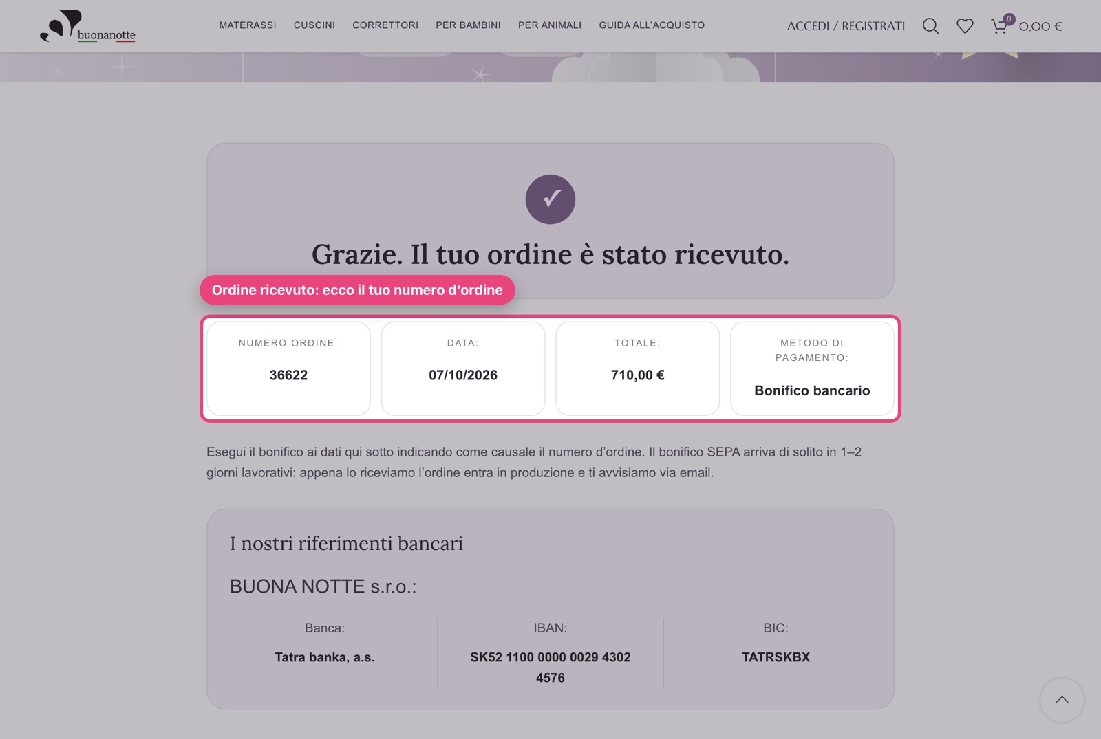 Pagina Ordine ricevuto con il numero d’ordine