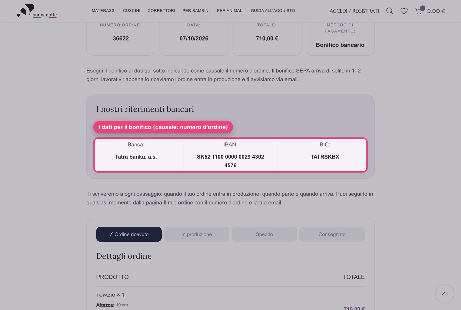 Dati bancari per il bonifico