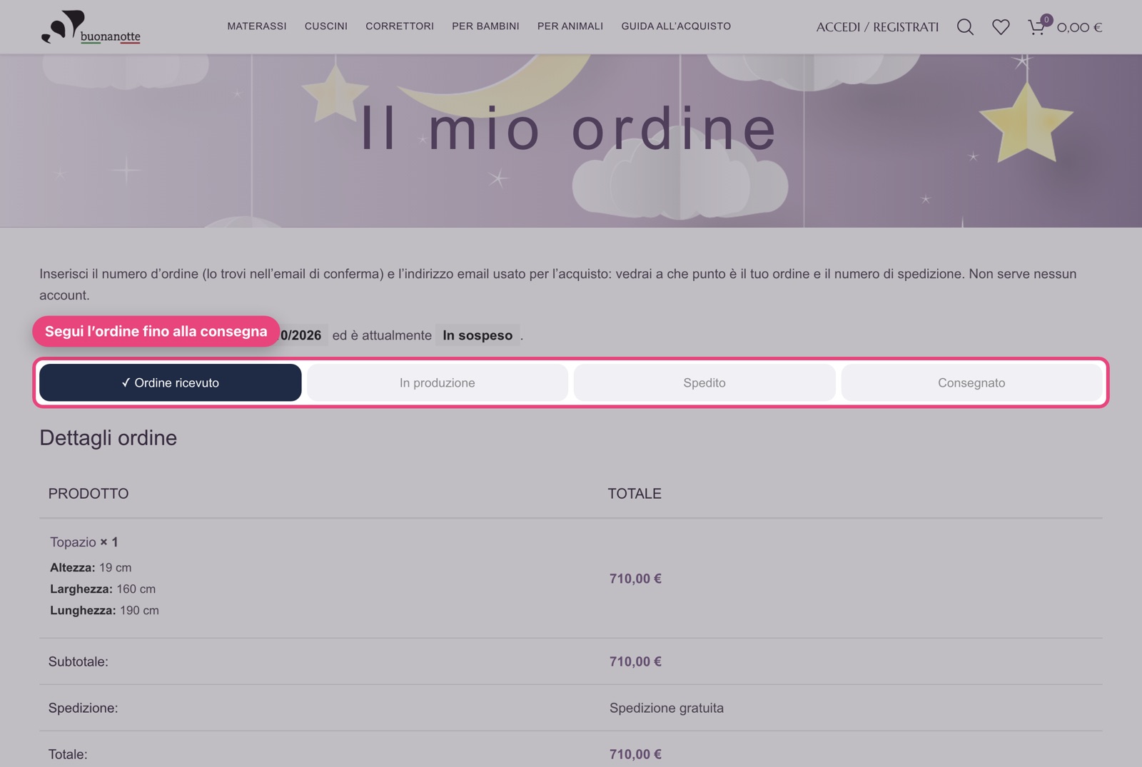 Stato dell’ordine nella pagina Il mio ordine