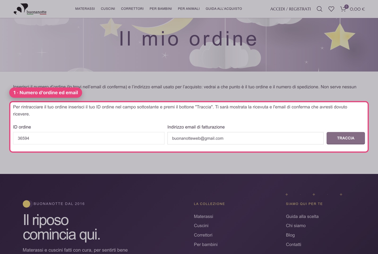 Modulo della pagina Il mio ordine