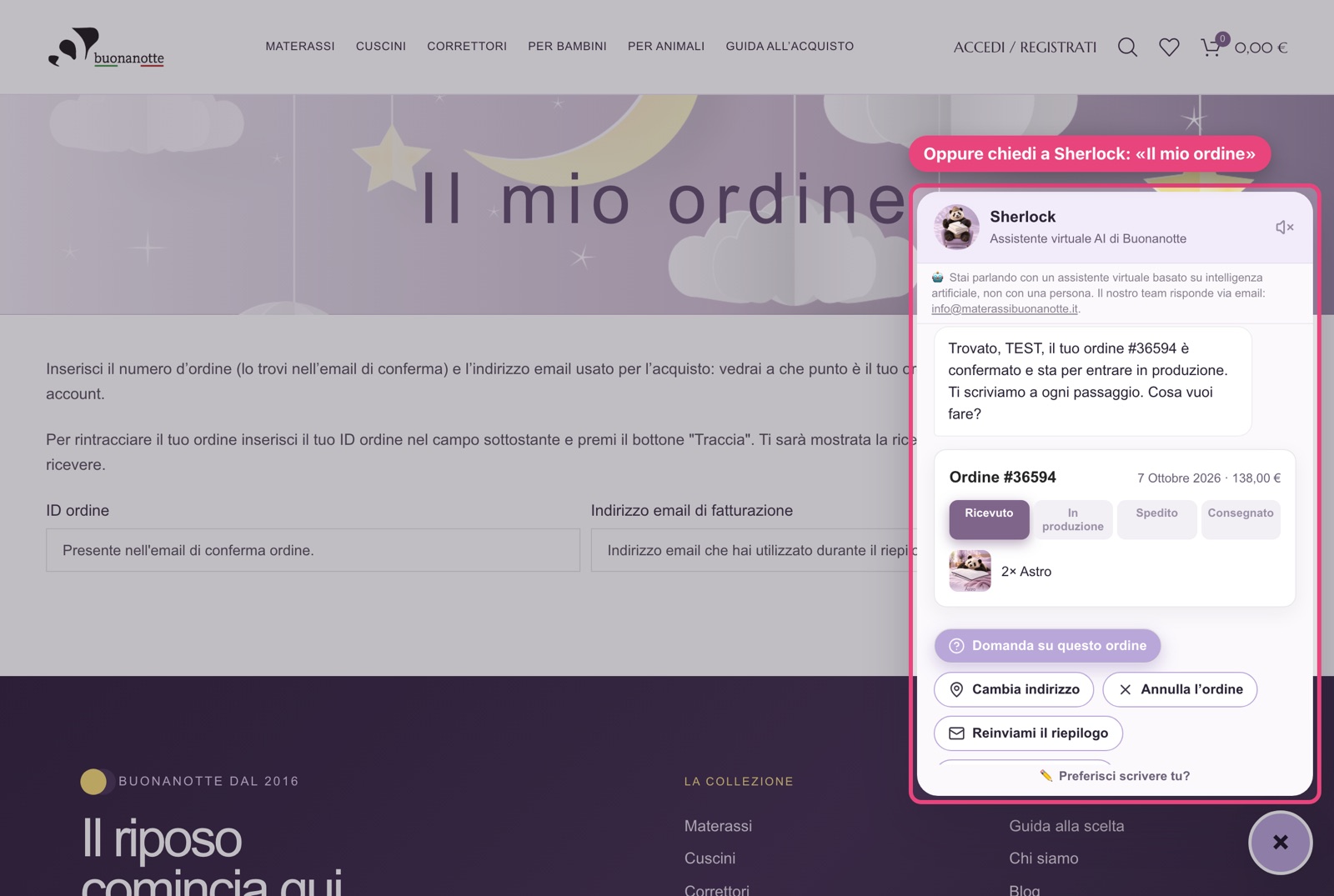 Scheda ordine nella chat di Sherlock
